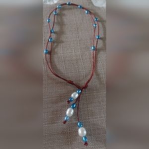 New Handmade White & Light Blue Pearl & Metallic Red Leather 3-Way Necklace